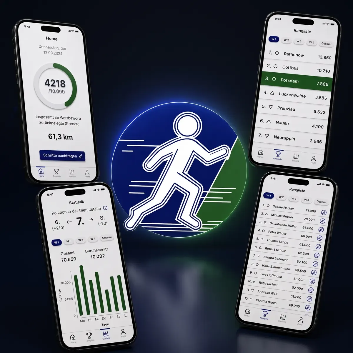 Four concept app screens around the running emblem: a home progress ring, the office ranking, personal statistics and the coordinator's participant list.