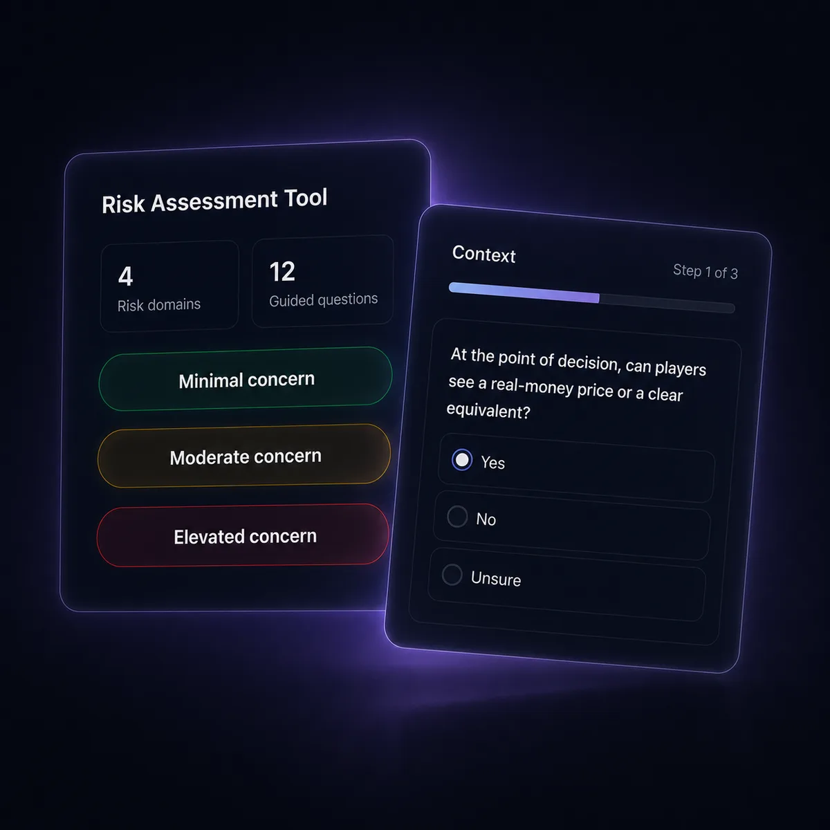 The live tool: a risk-assessment summary panel and a guided-question step.