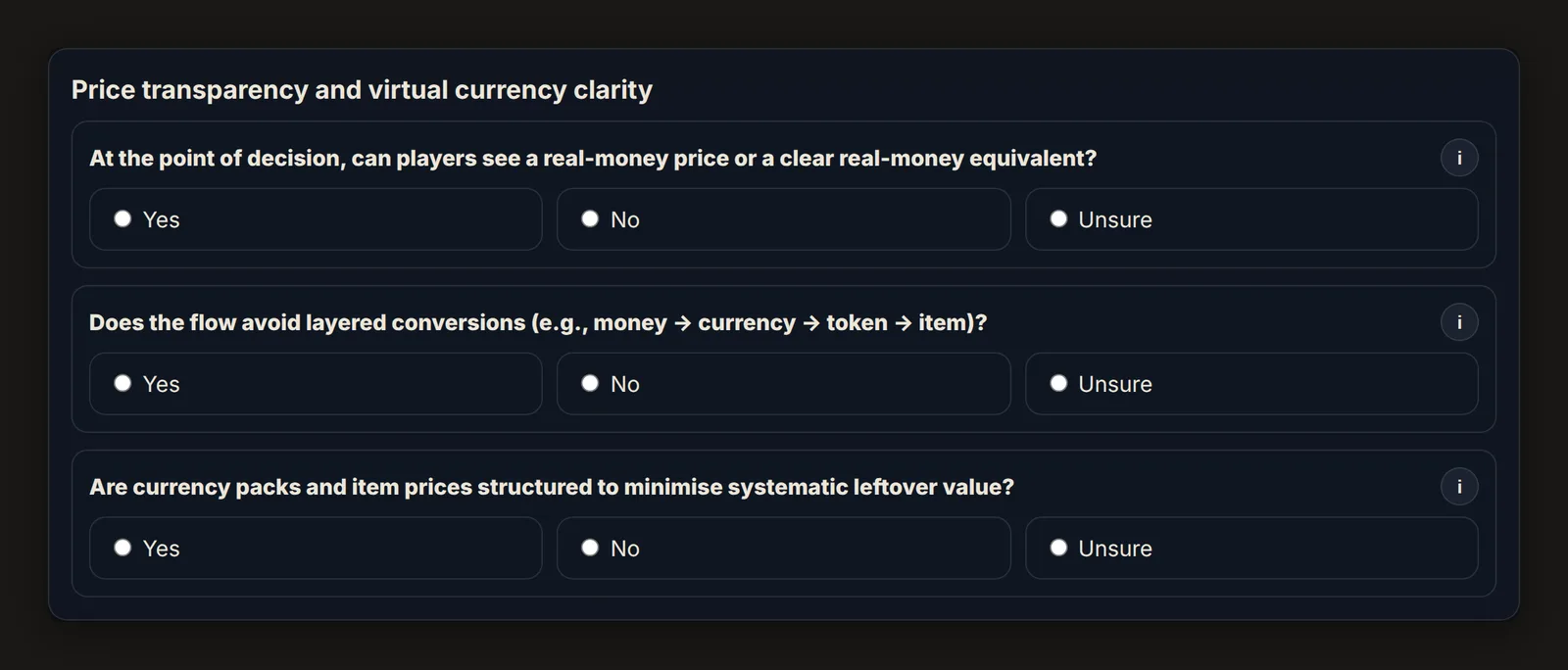 Guided questions in the tool, each answered Yes, No or Unsure, for the price and currency clarity domain.