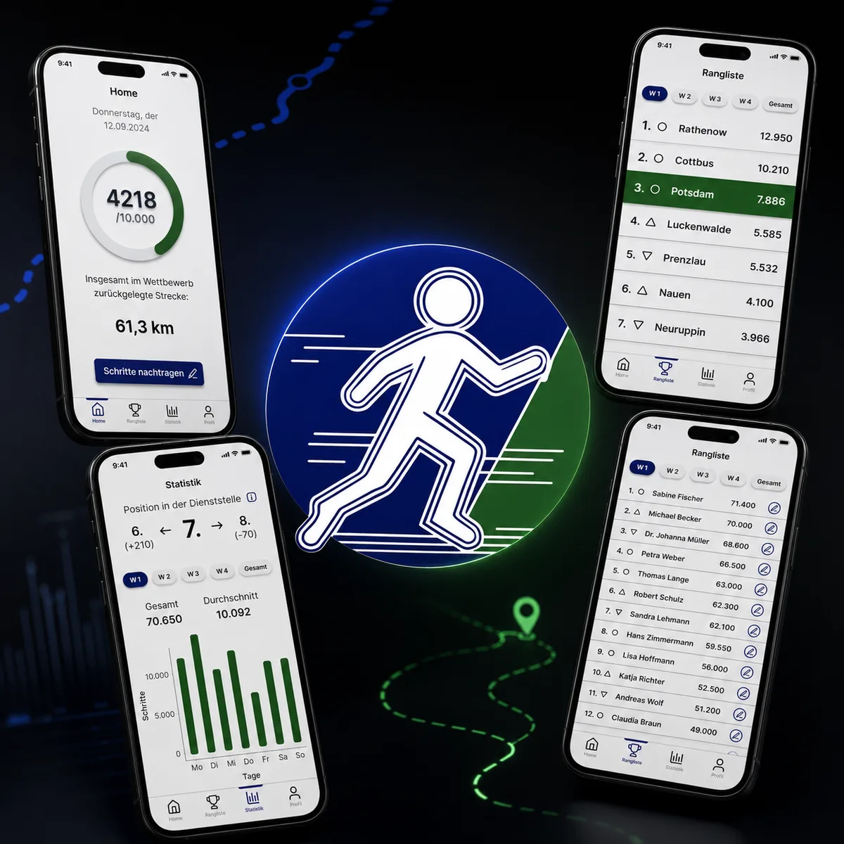 Concept app screens arranged around a running emblem: a live office leaderboard, a home progress ring and personal statistics.