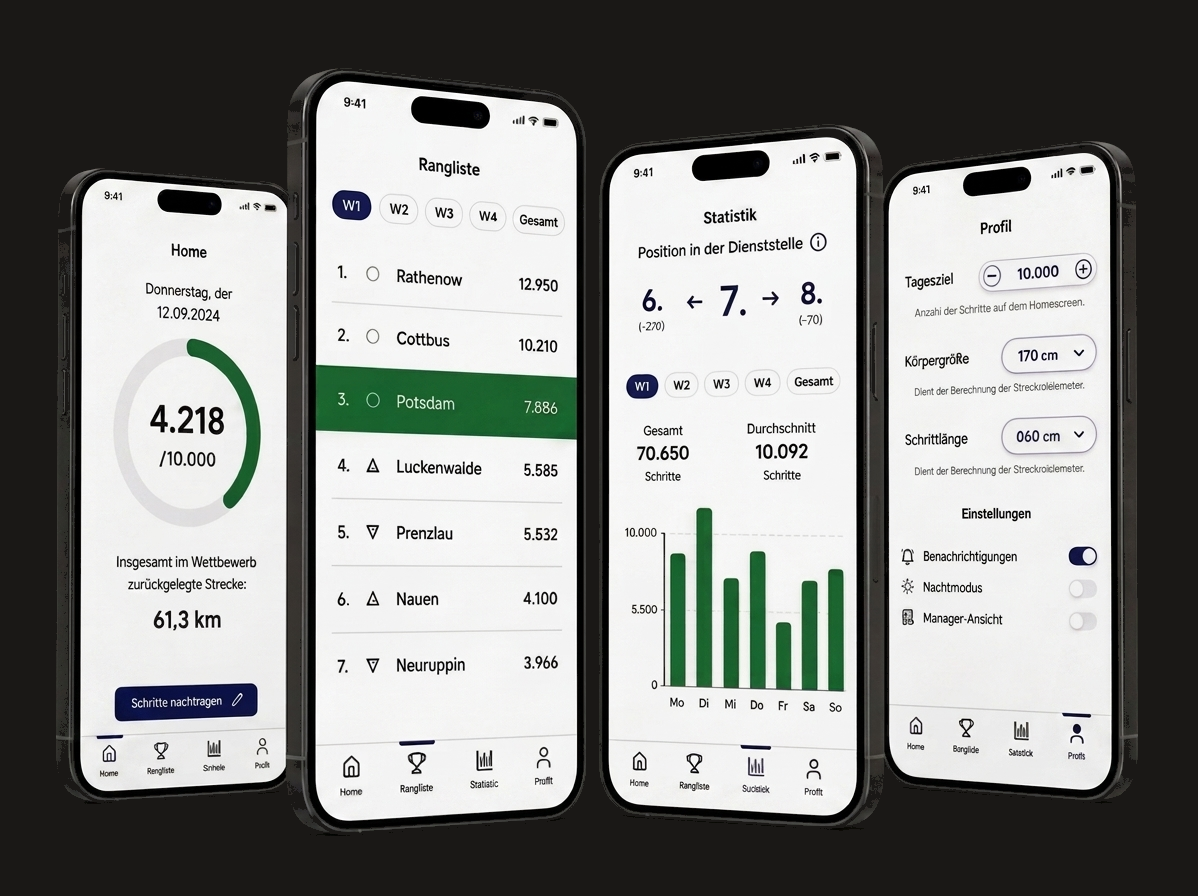 Participant app screens side by side: home progress, the office ranking, personal statistics and profile.