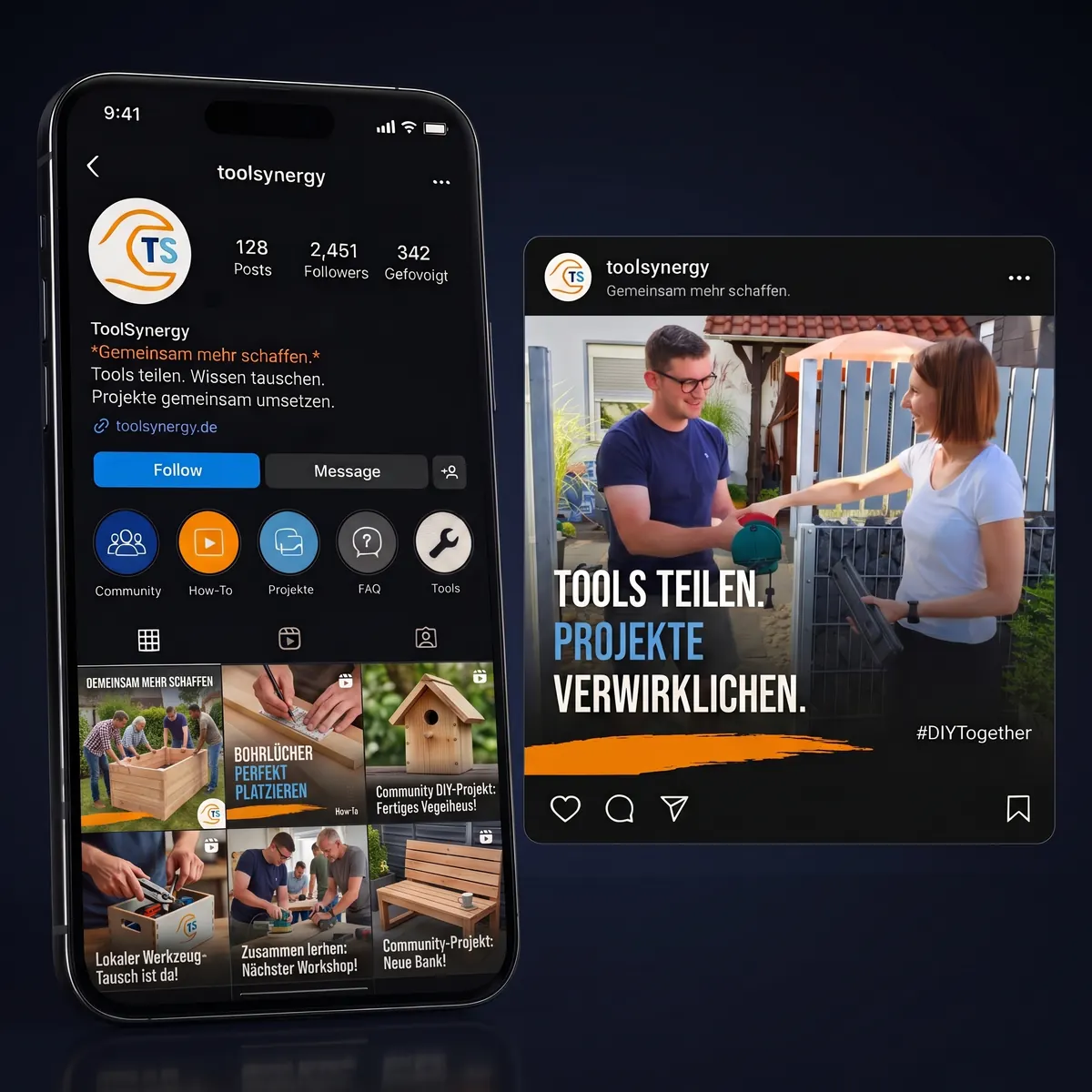 The ToolSynergy social presence: a profile grid of DIY content on a phone beside a campaign post reading “Tools teilen. Projekte verwirklichen.”