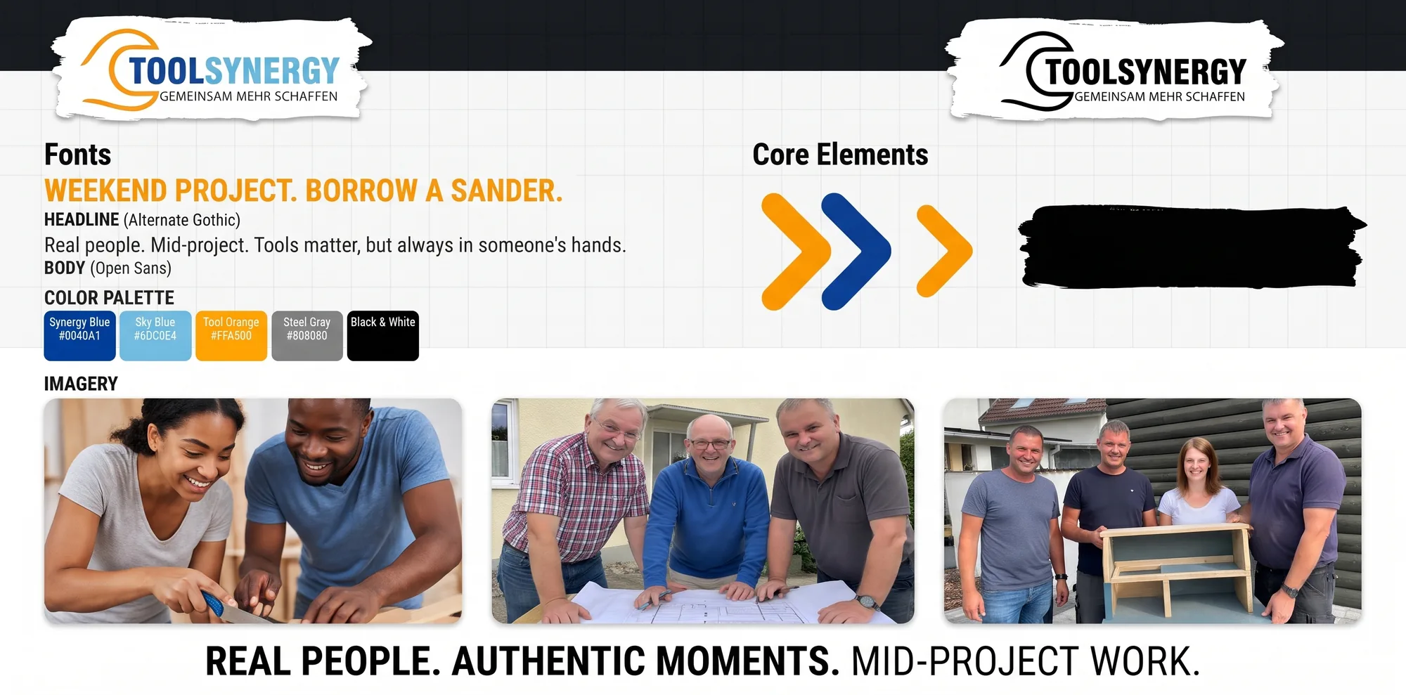 Styleguide sheet: the wordmark on a brushstroke in colour and in black, the Alternate Gothic headline and Open Sans body pairing, five palette swatches from Synergy Blue to black and white, the chevron and brushstroke elements, and three photography examples of people mid-project.
