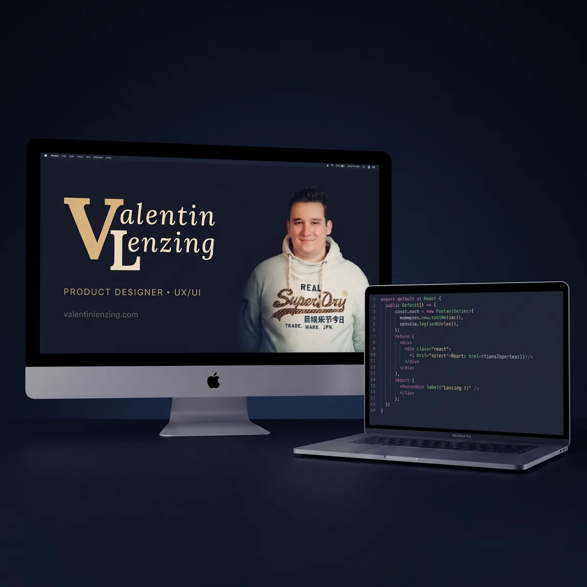 The portfolio on a desktop screen — gold wordmark, “Product Designer · UX/UI” and the portrait — next to a laptop showing the code behind it.